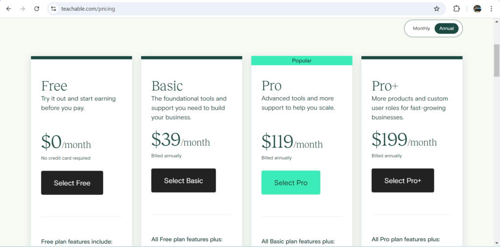 Teachable pricing plans 